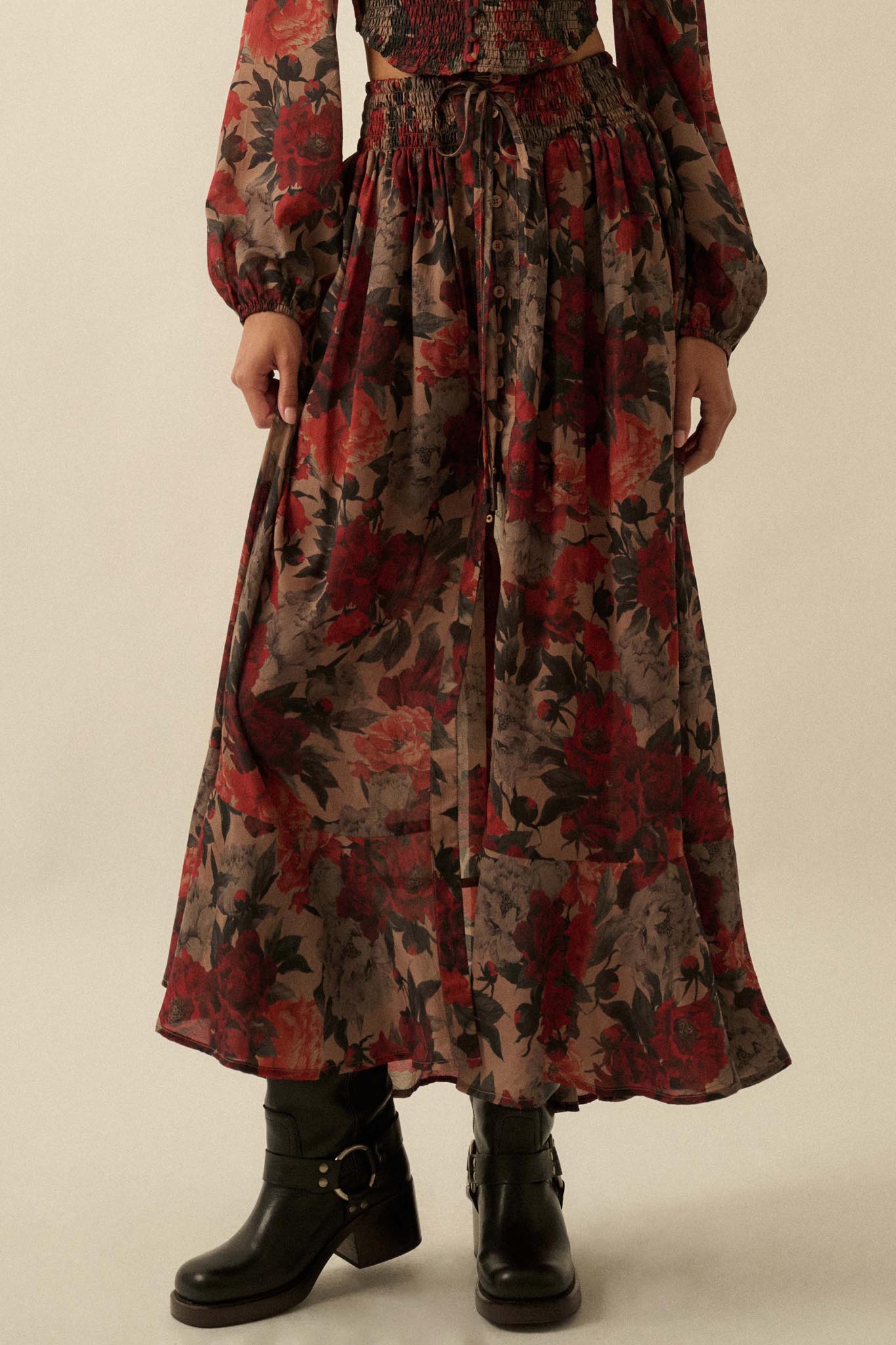 Pretty Potpourri Floral Button-Front Maxi Skirt