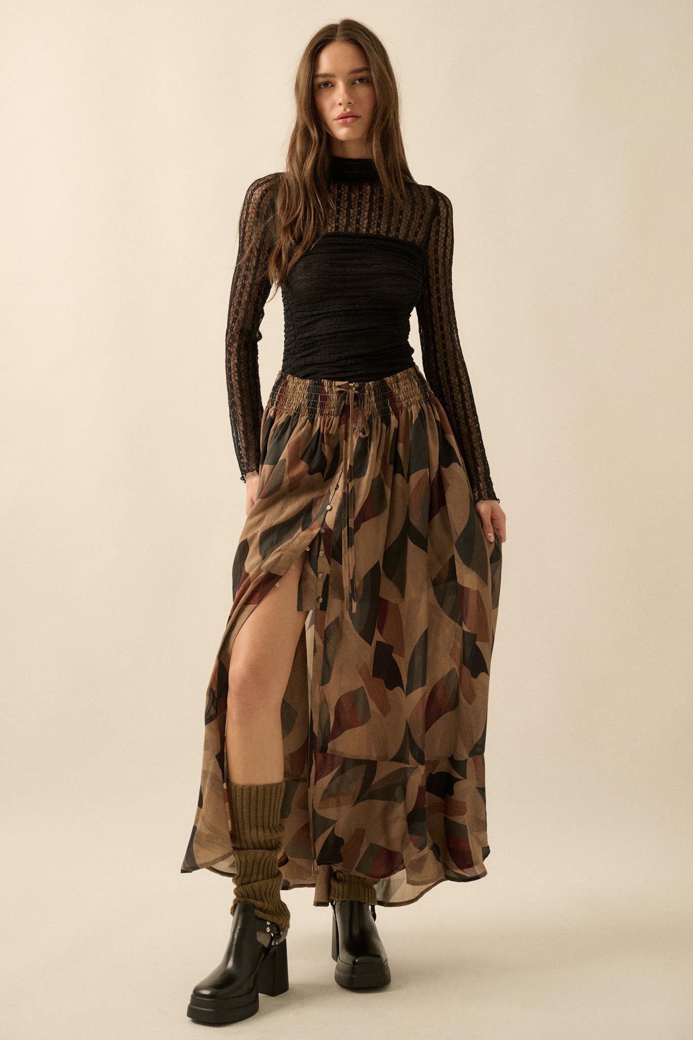 Modern Classic Abstract-Print Buttoned Maxi Skirt