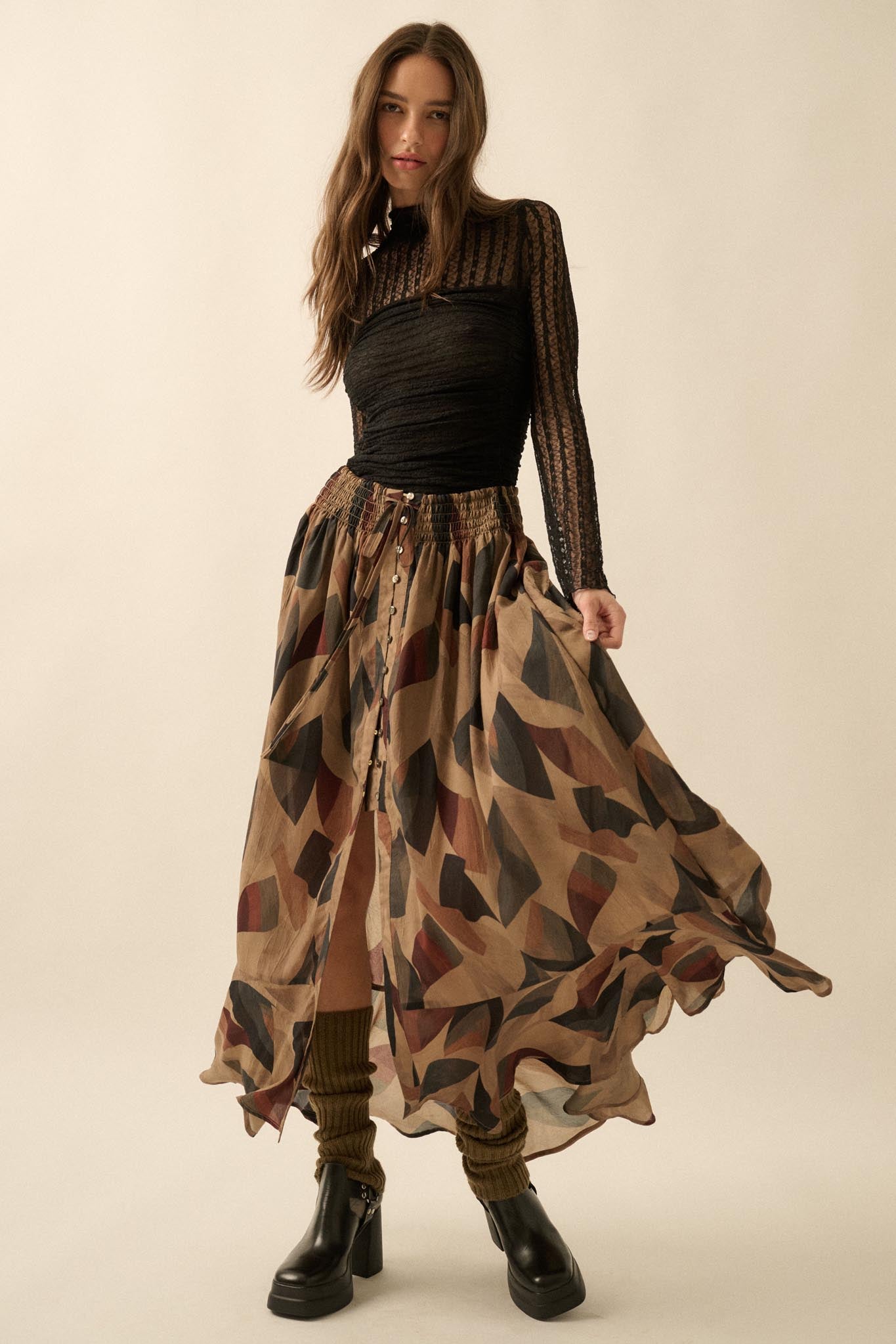 Modern Classic Abstract-Print Buttoned Maxi Skirt