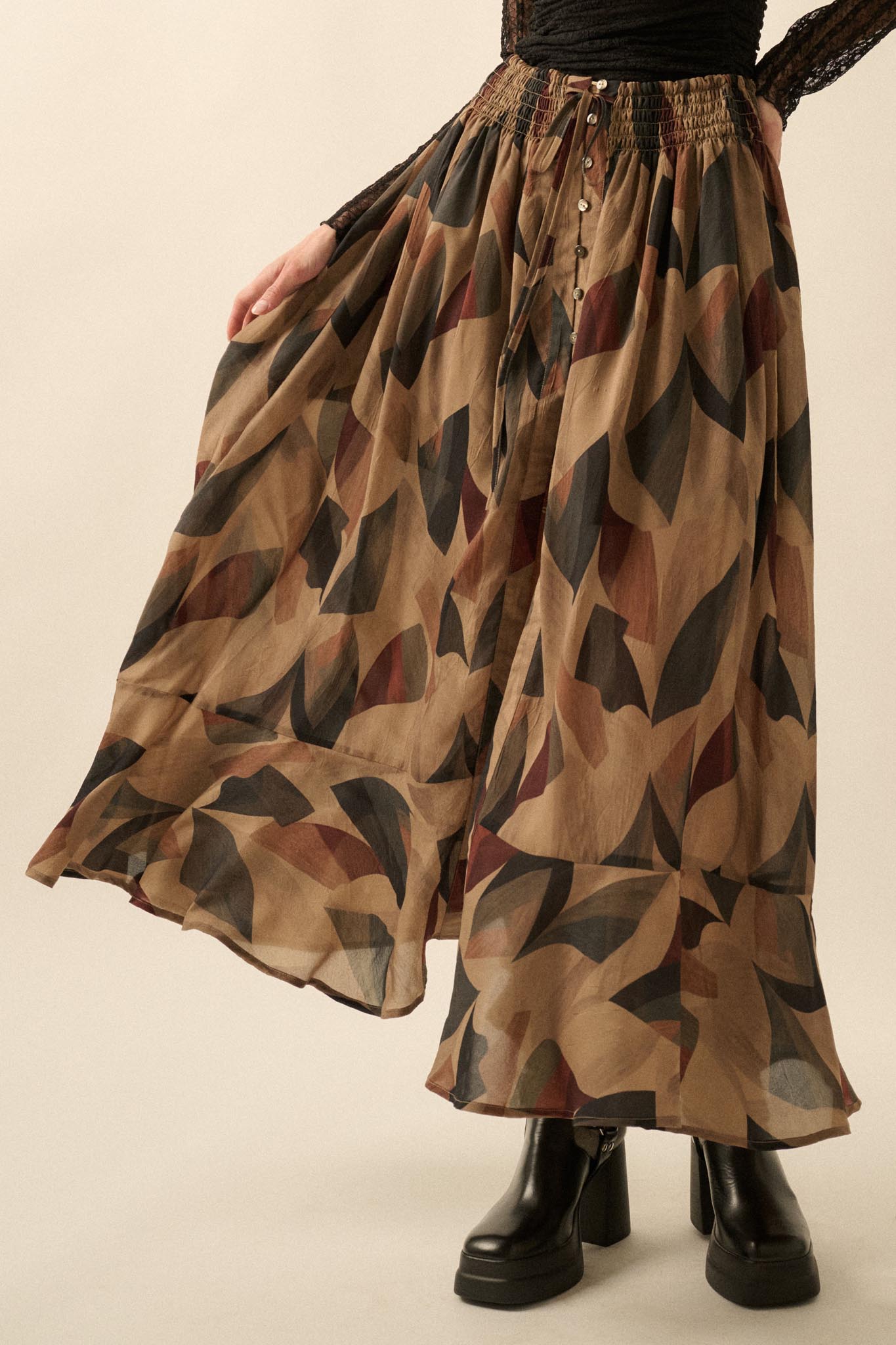 Modern Classic Abstract-Print Buttoned Maxi Skirt