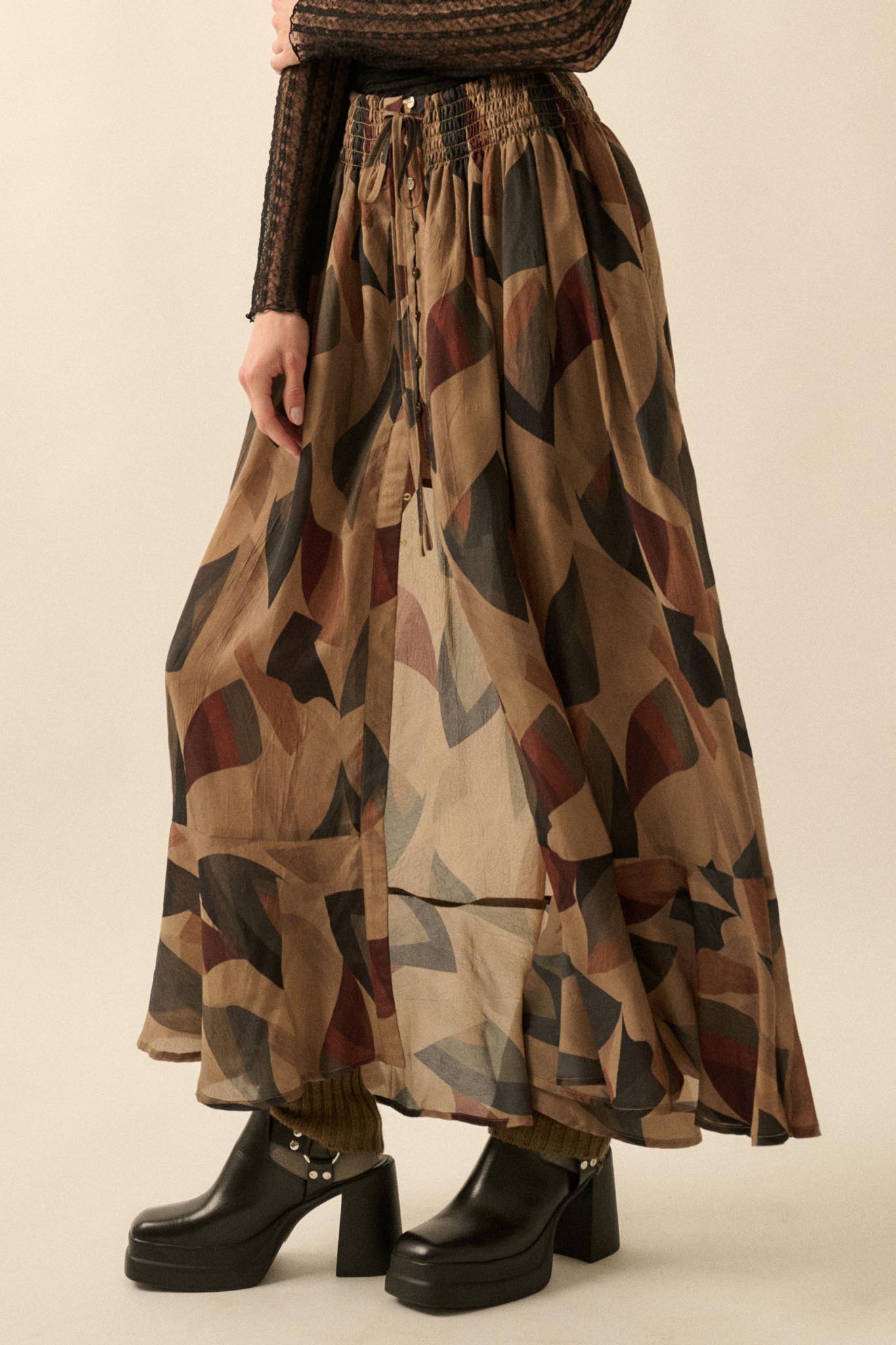 Modern Classic Abstract-Print Buttoned Maxi Skirt