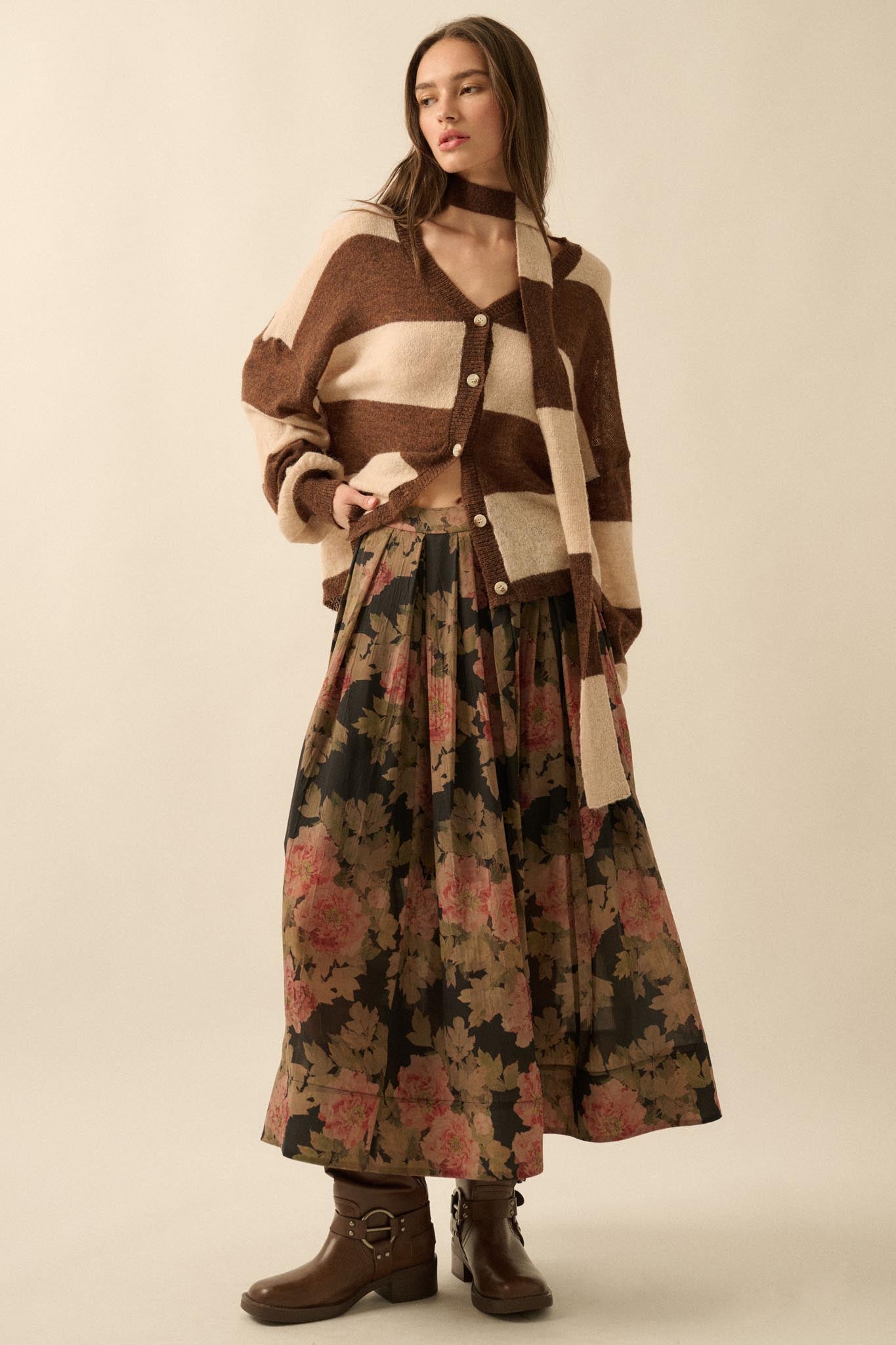 Blooming Tranquility Pleated Floral Midi Skirt