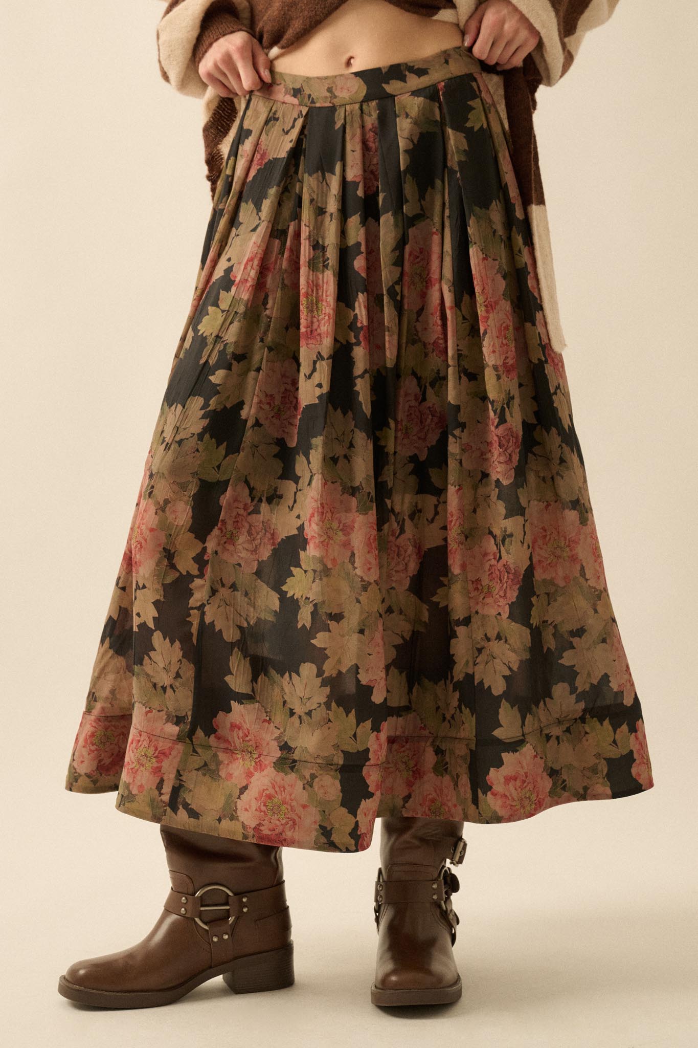 Blooming Tranquility Pleated Floral Midi Skirt