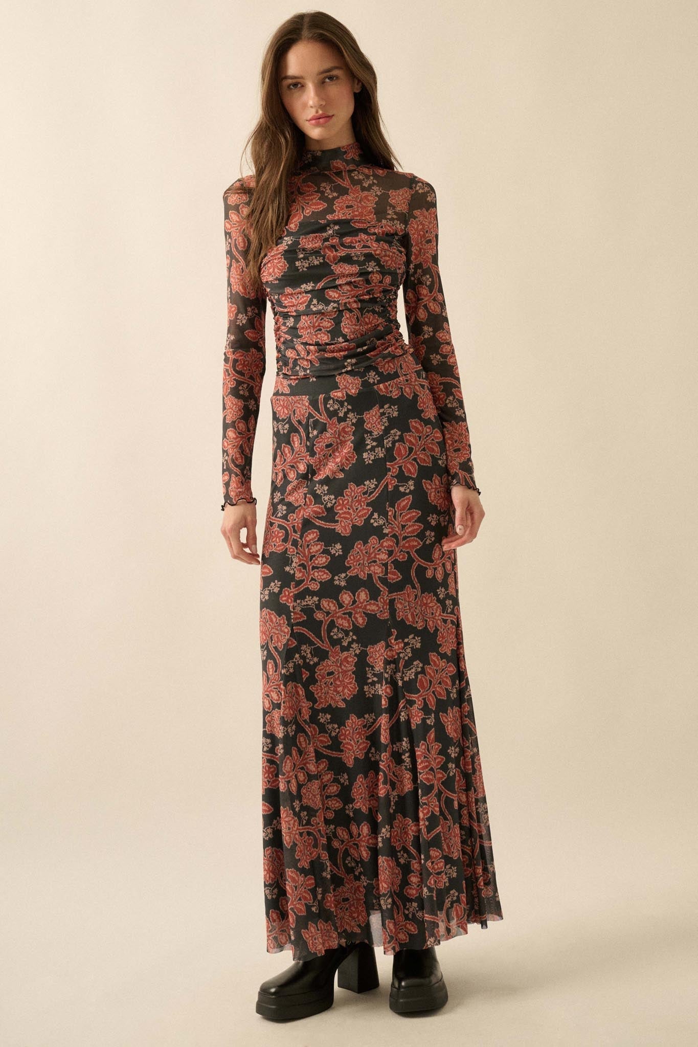 Going for Baroque Floral Mesh Godet Maxi Skirt
