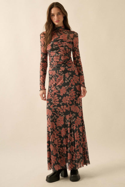 Going for Baroque Floral Mesh Godet Maxi Skirt