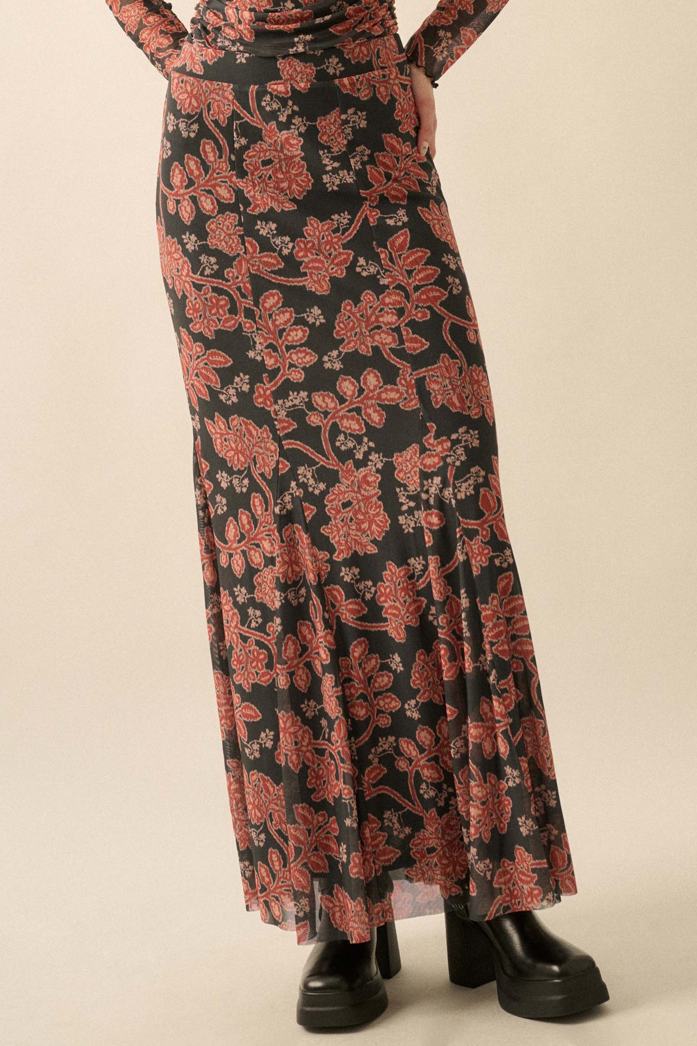 Going for Baroque Floral Mesh Godet Maxi Skirt
