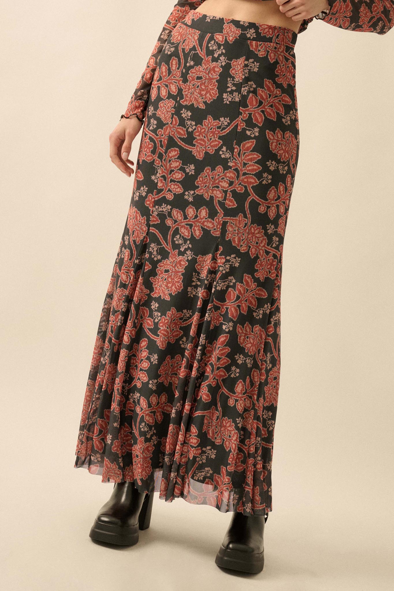 Going for Baroque Floral Mesh Godet Maxi Skirt
