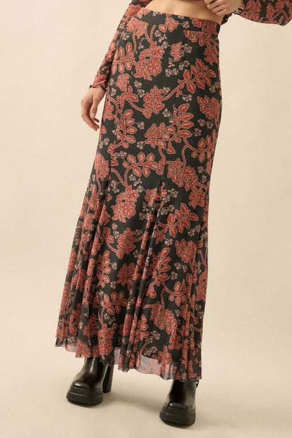 Going for Baroque Floral Mesh Godet Maxi Skirt