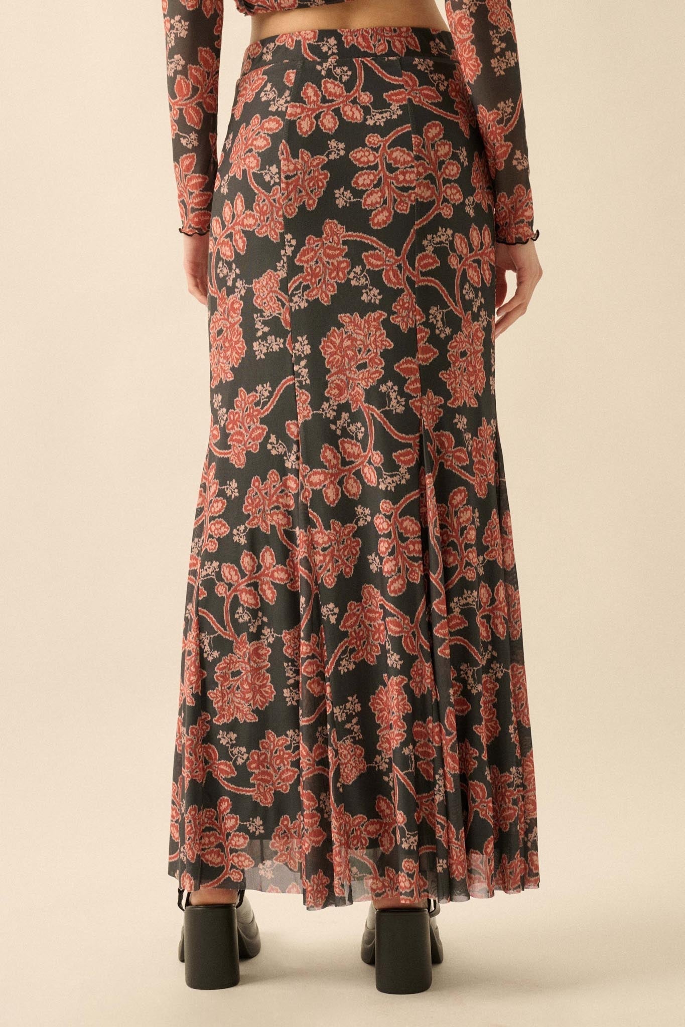 Going for Baroque Floral Mesh Godet Maxi Skirt