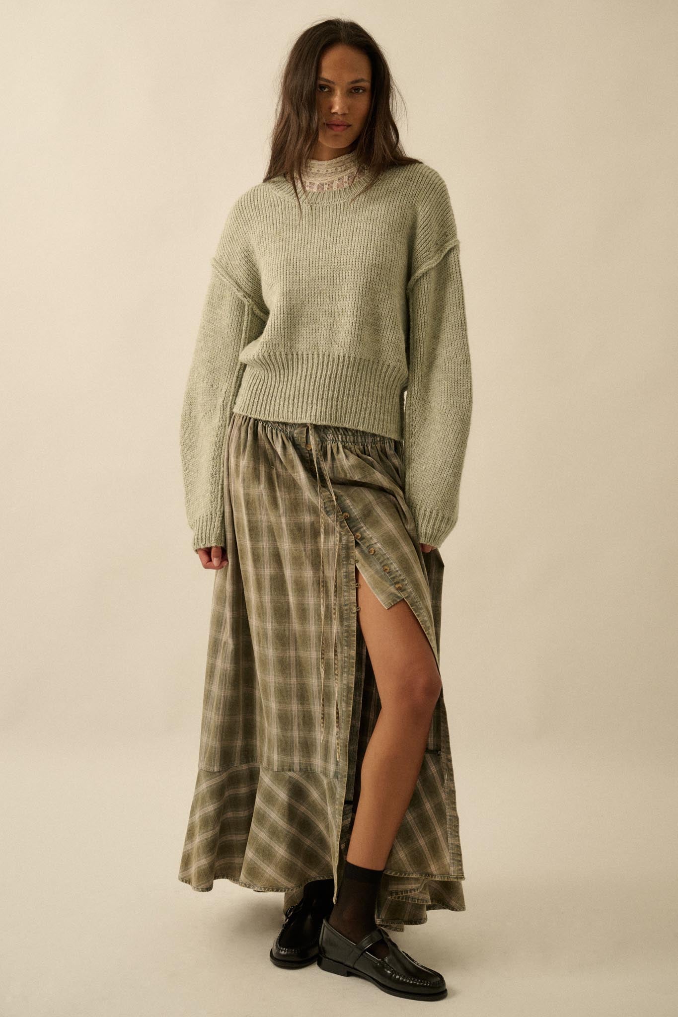 Off the Trail Plaid Flannel Button-Up Maxi Skirt