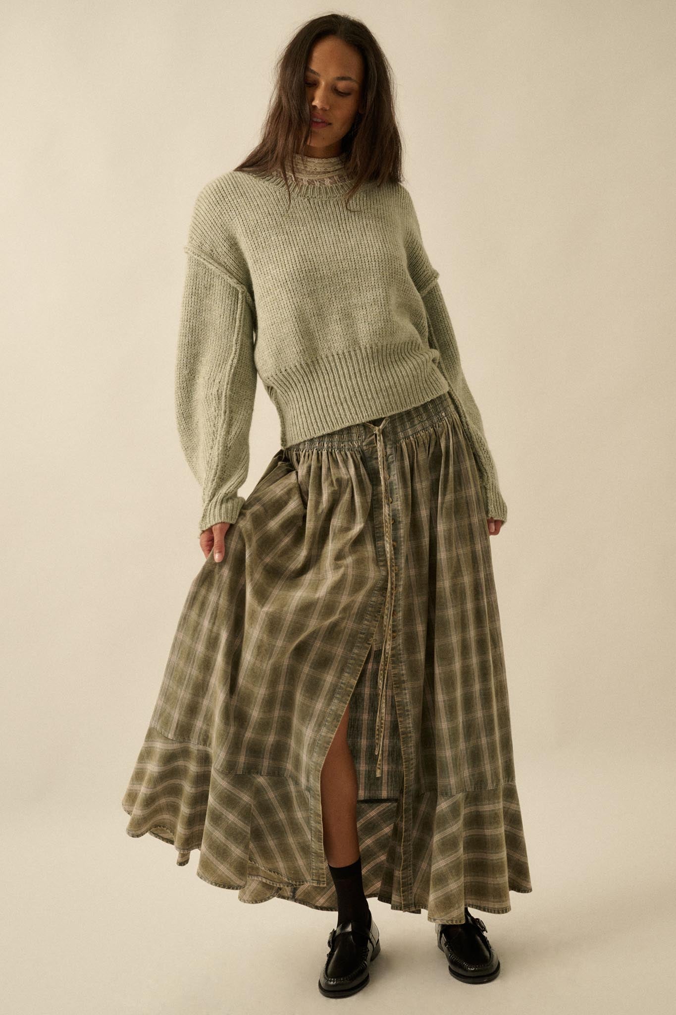 Off the Trail Plaid Flannel Button-Up Maxi Skirt