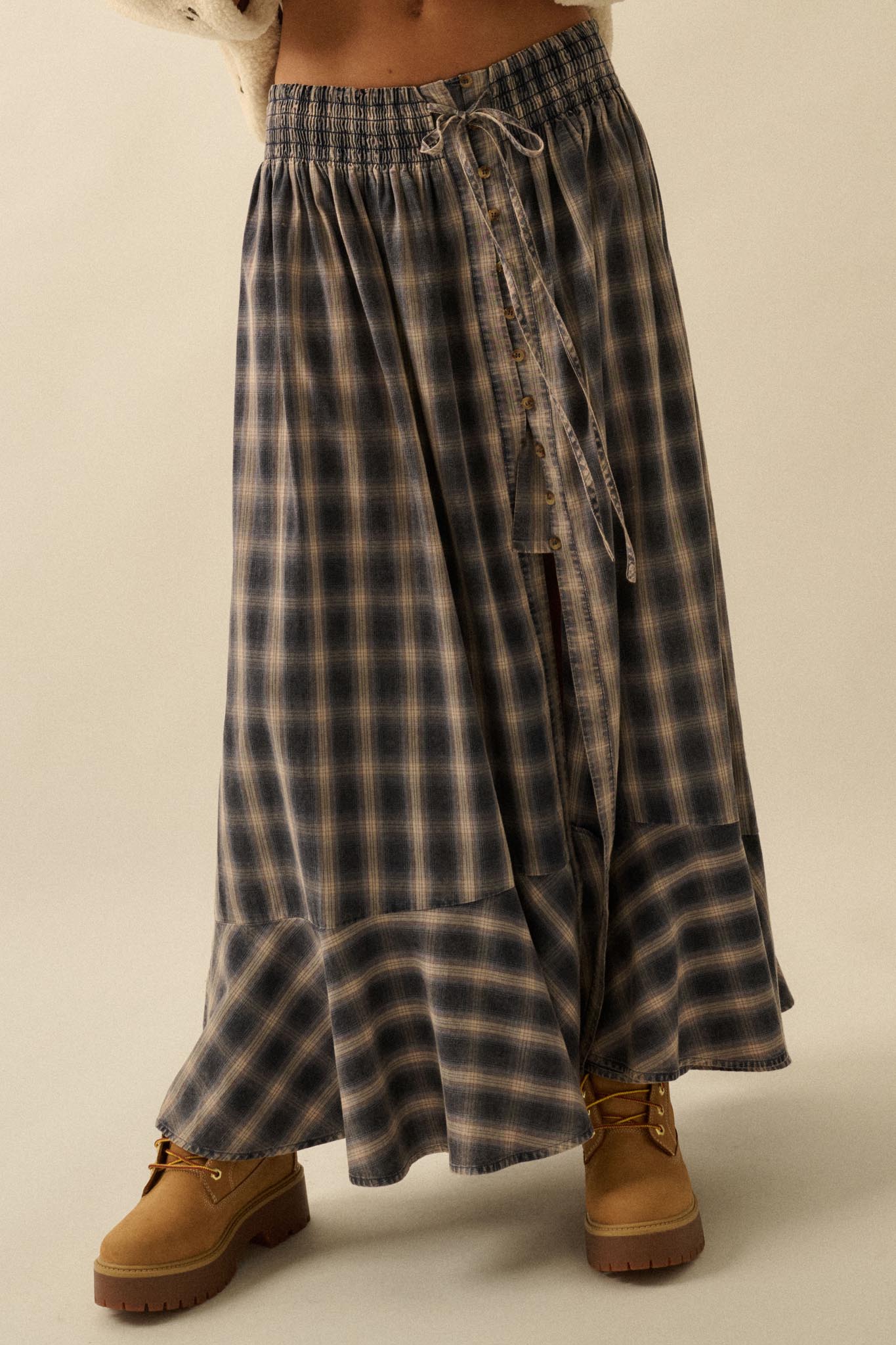 Off the Trail Plaid Flannel Button-Up Maxi Skirt