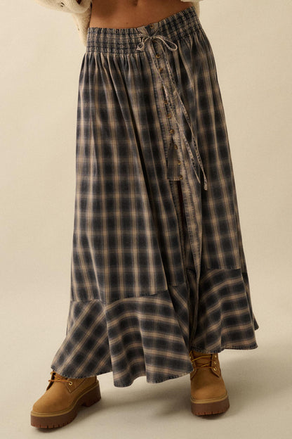 Off the Trail Plaid Flannel Button-Up Maxi Skirt