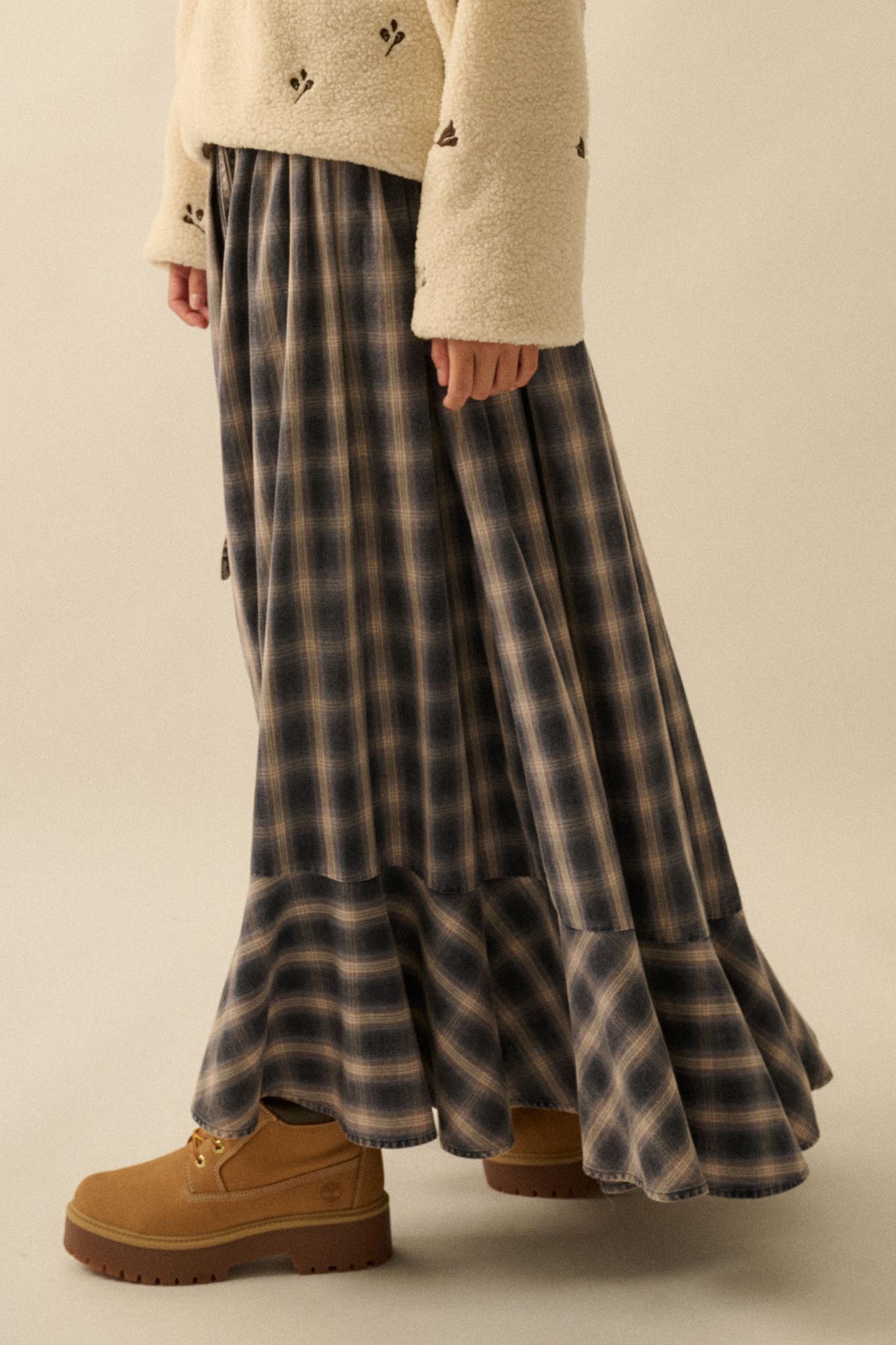 Off the Trail Plaid Flannel Button-Up Maxi Skirt