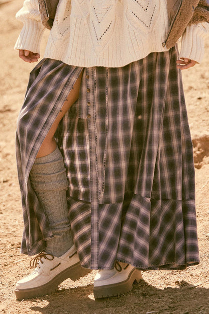 Off the Trail Plaid Flannel Button-Up Maxi Skirt
