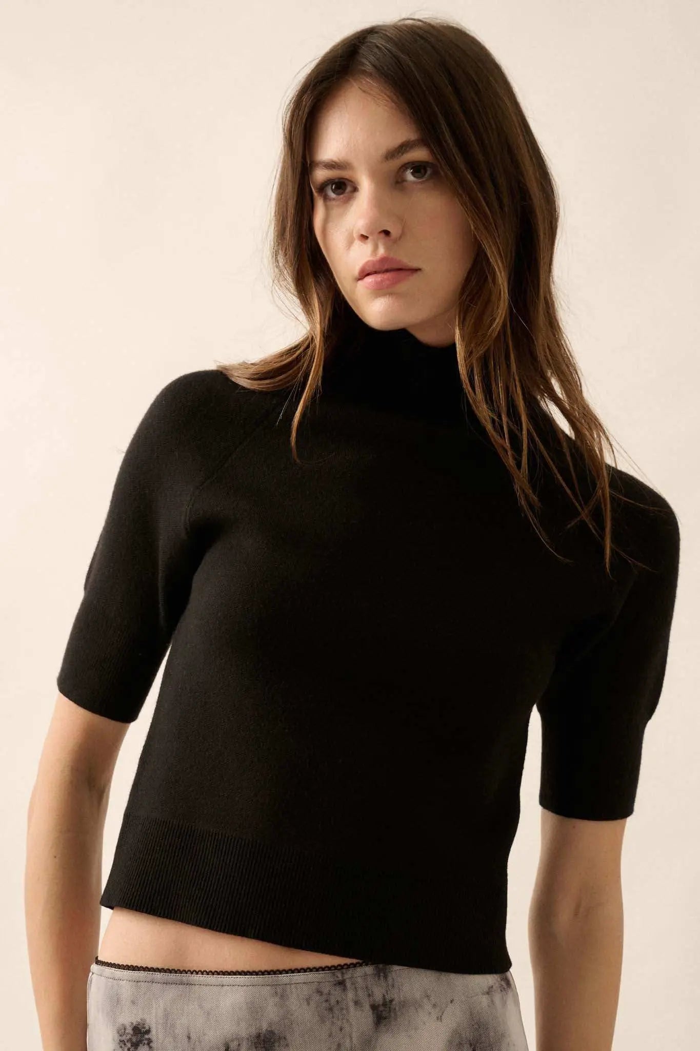 Simple Pleasures Short-Sleeve Mock-Neck Sweater