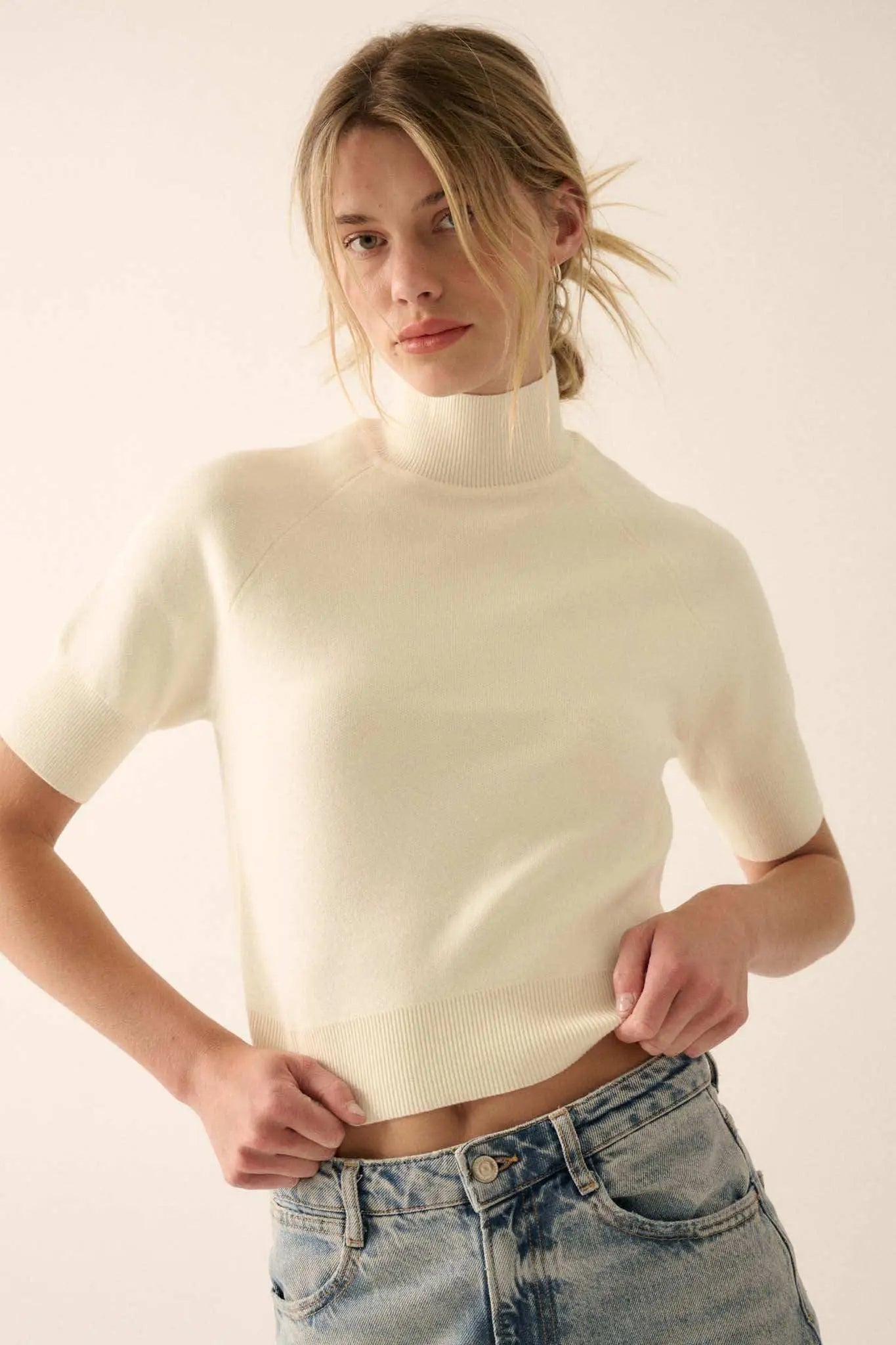 Simple Pleasures Short-Sleeve Mock-Neck Sweater
