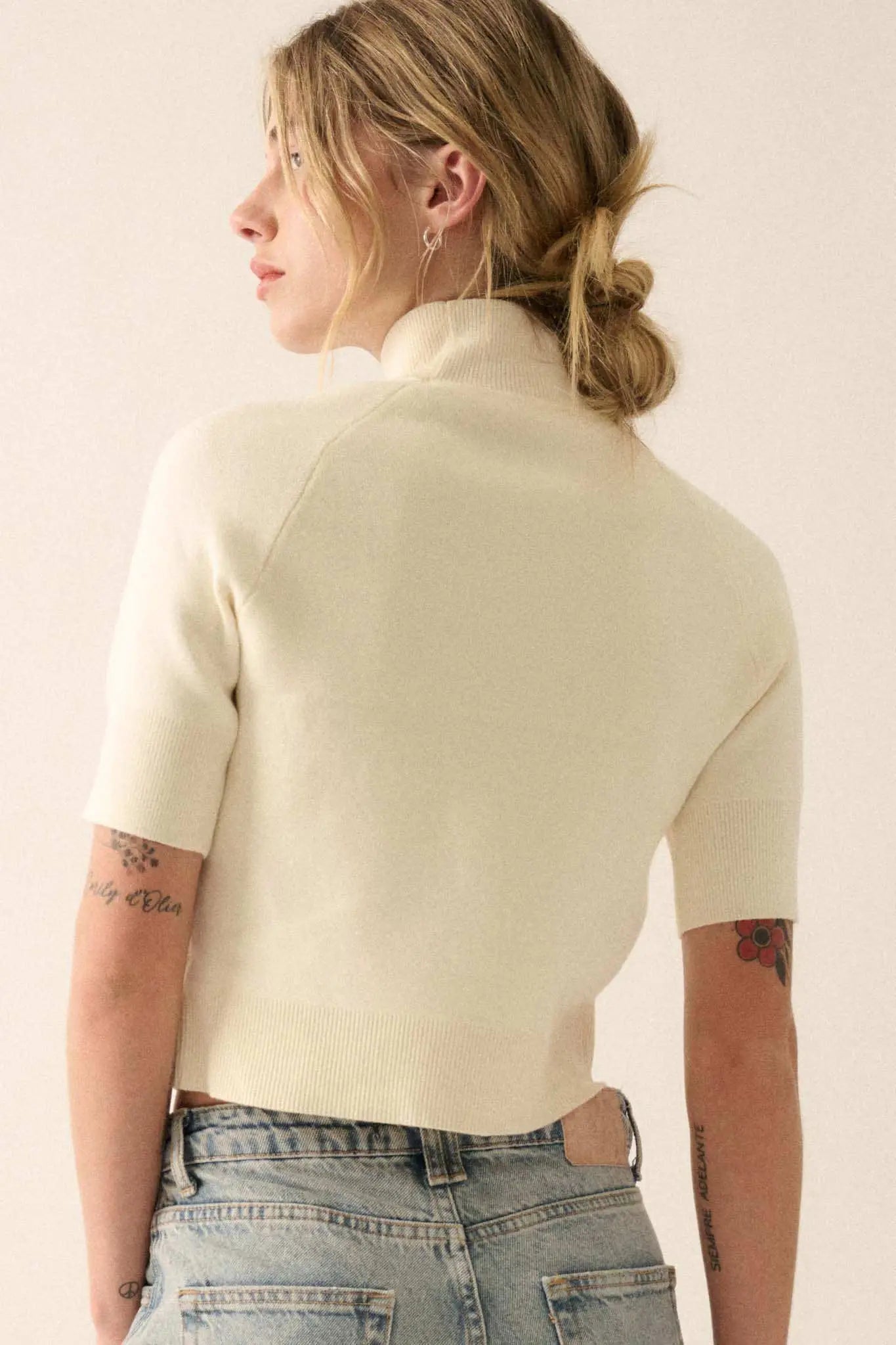 Simple Pleasures Short-Sleeve Mock-Neck Sweater