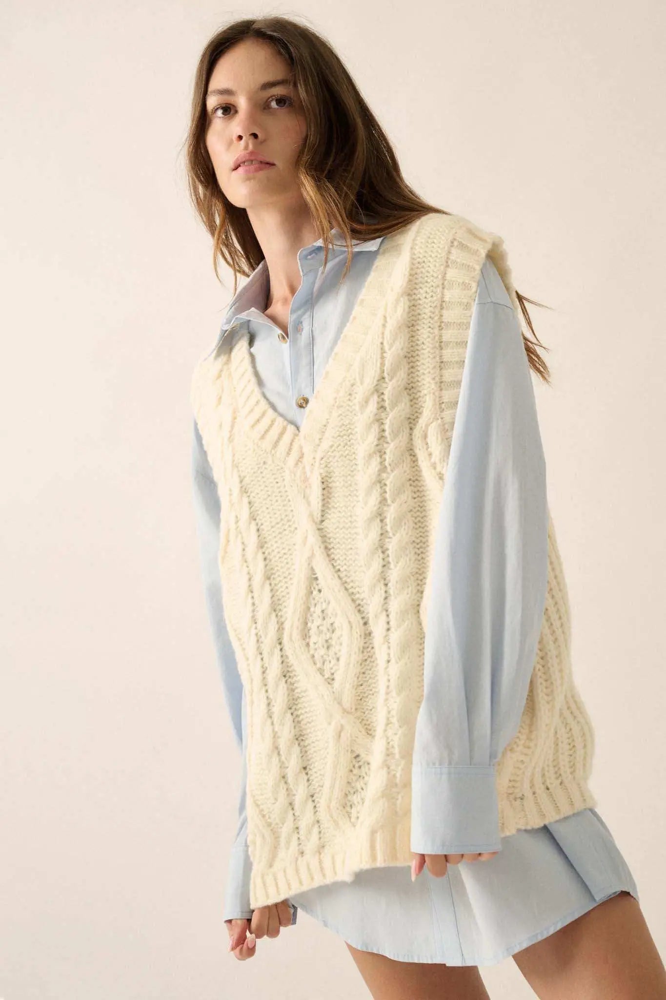 Making the Grade Oversize Cable Knit Sweater Vest