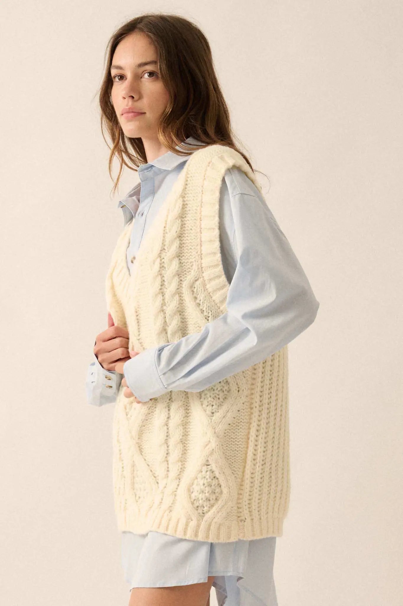 Making the Grade Oversize Cable Knit Sweater Vest