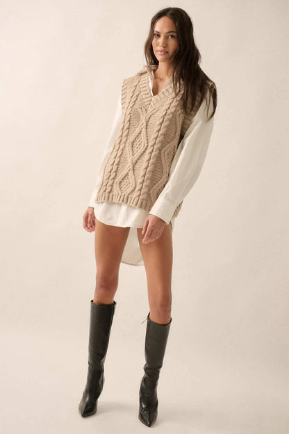Making the Grade Oversize Cable Knit Sweater Vest