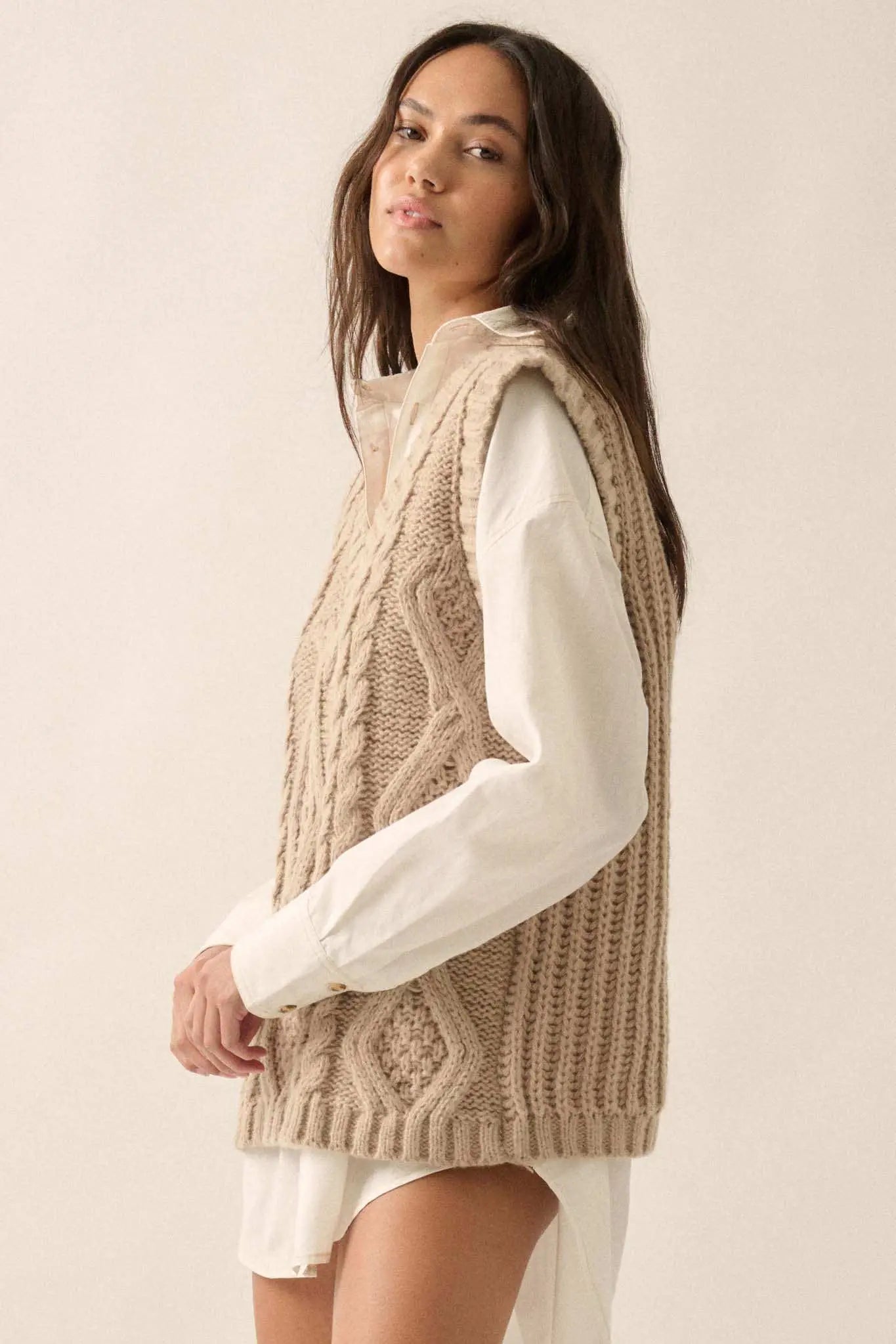 Making the Grade Oversize Cable Knit Sweater Vest