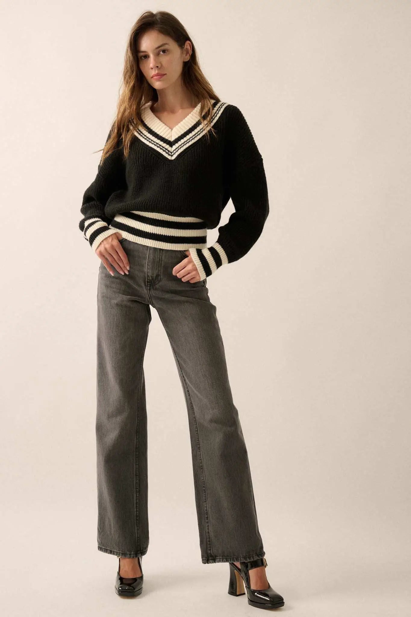 Serving Love Varsity-Stripe V-Neck Sweater