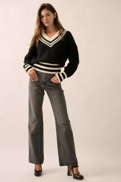 Serving Love Varsity-Stripe V-Neck Sweater
