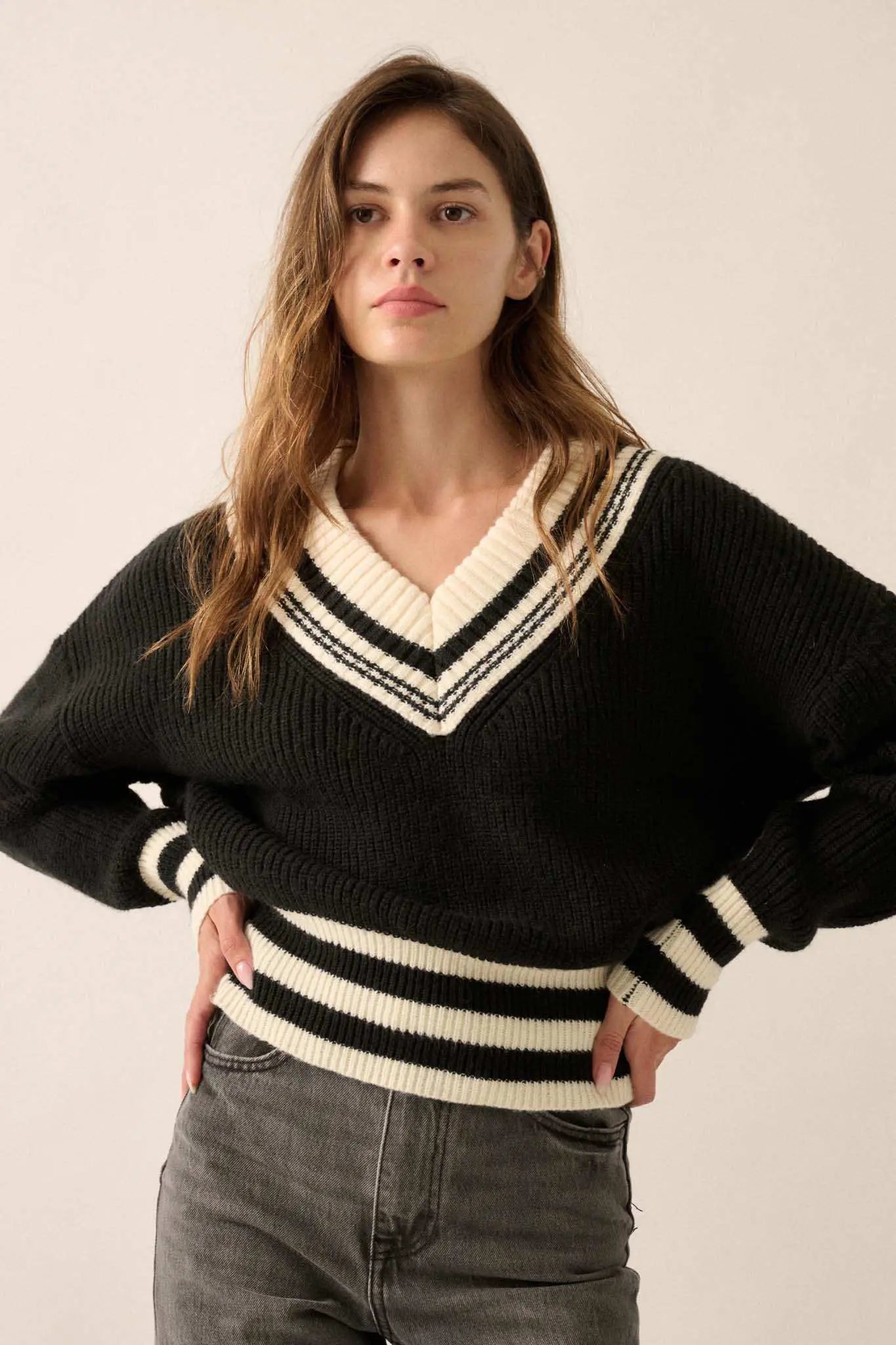 Serving Love Varsity-Stripe V-Neck Sweater