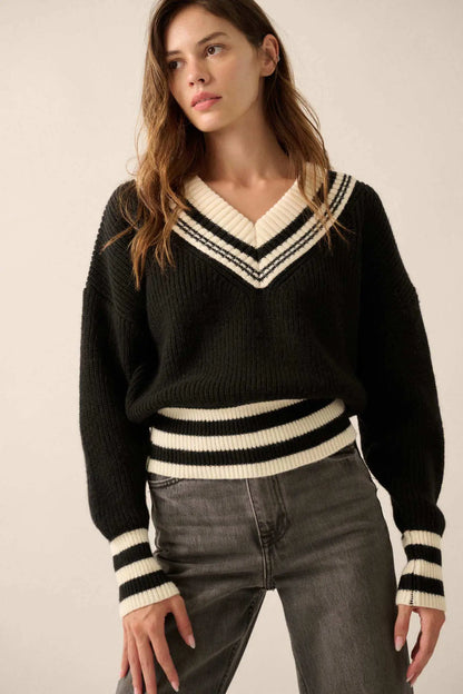 Serving Love Varsity-Stripe V-Neck Sweater