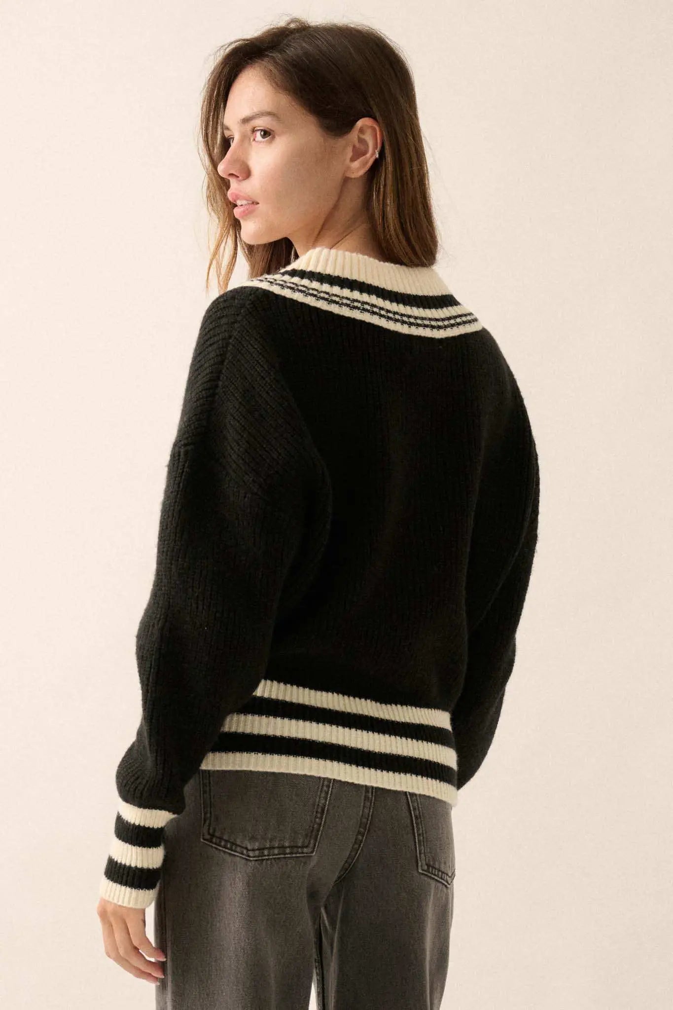 Serving Love Varsity-Stripe V-Neck Sweater