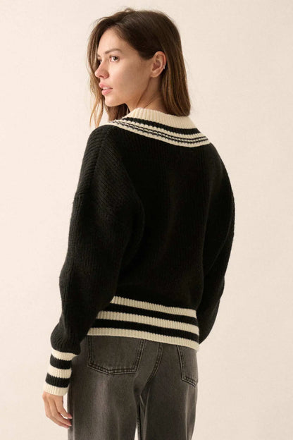 Serving Love Varsity-Stripe V-Neck Sweater