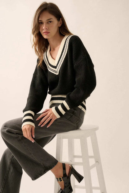 Serving Love Varsity-Stripe V-Neck Sweater