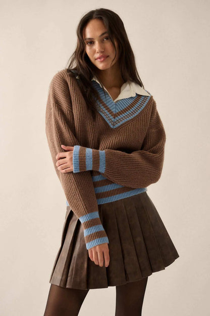Serving Love Varsity-Stripe V-Neck Sweater