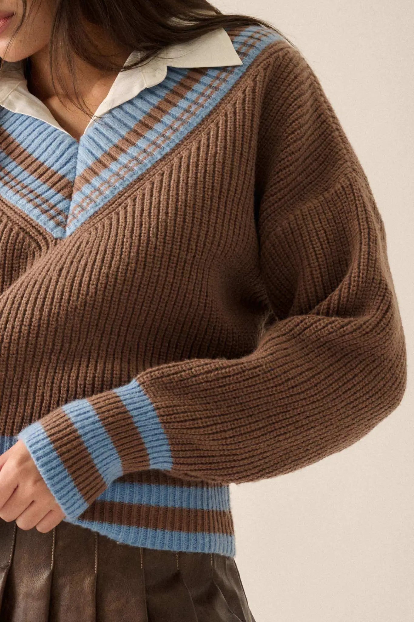 Serving Love Varsity-Stripe V-Neck Sweater