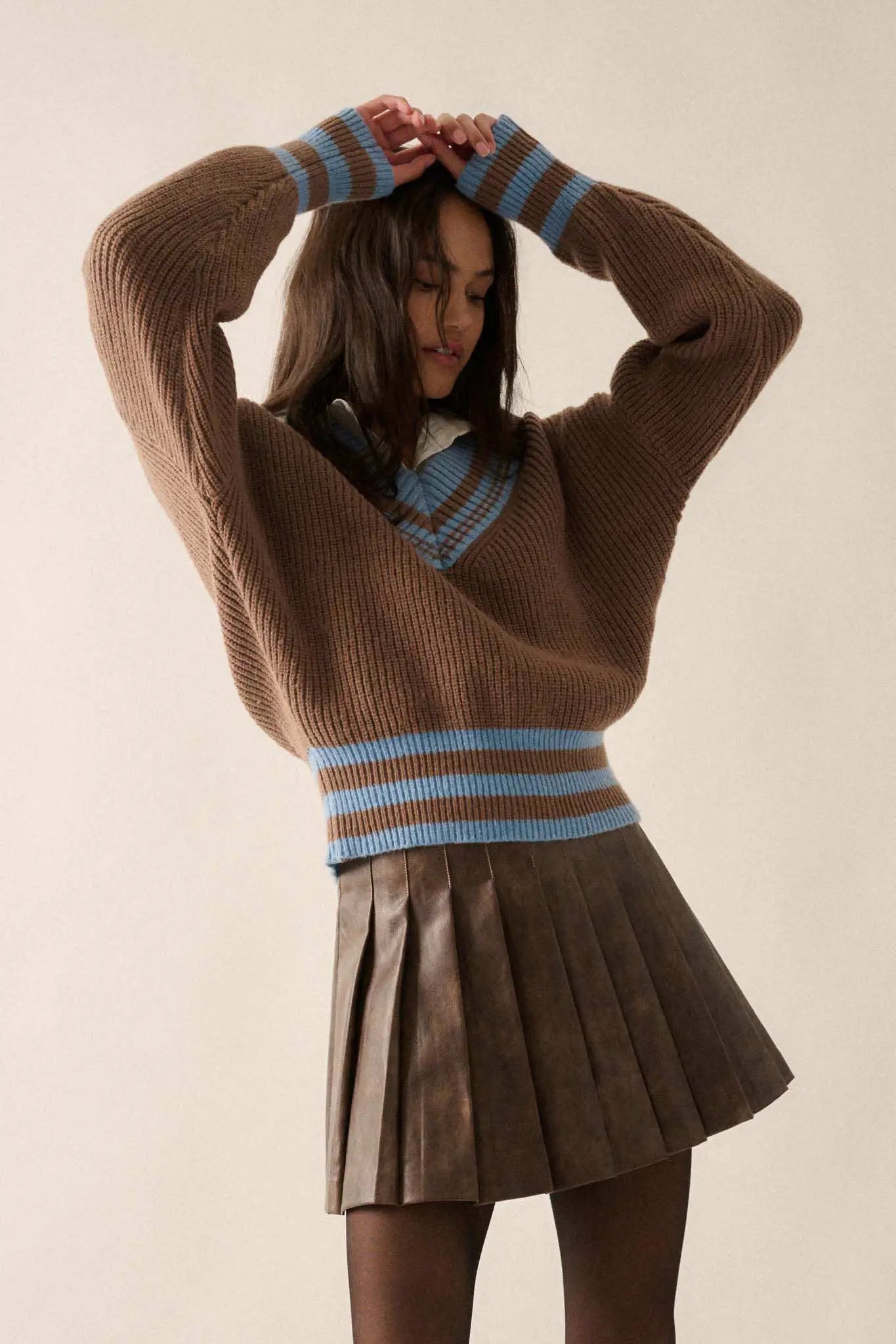Serving Love Varsity-Stripe V-Neck Sweater