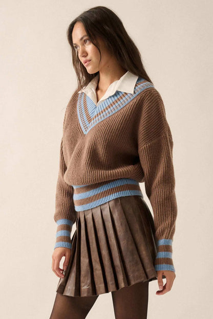 Serving Love Varsity-Stripe V-Neck Sweater