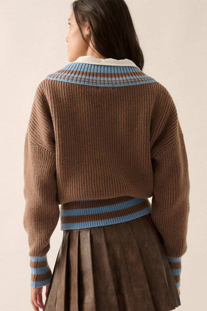 Serving Love Varsity-Stripe V-Neck Sweater