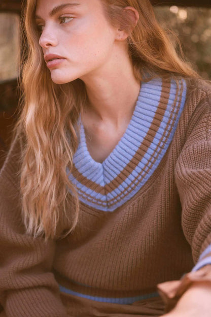 Serving Love Varsity-Stripe V-Neck Sweater
