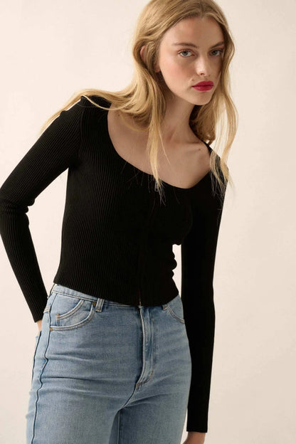 Shaper Fit Zip-Front Cropped Square-Neck Top