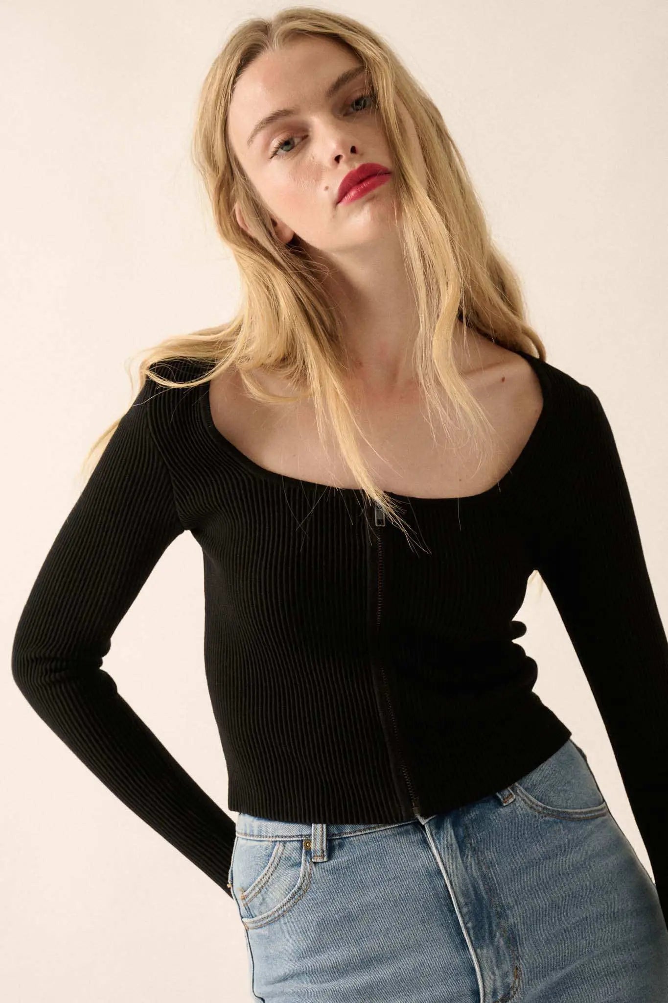Shaper Fit Zip-Front Cropped Square-Neck Top
