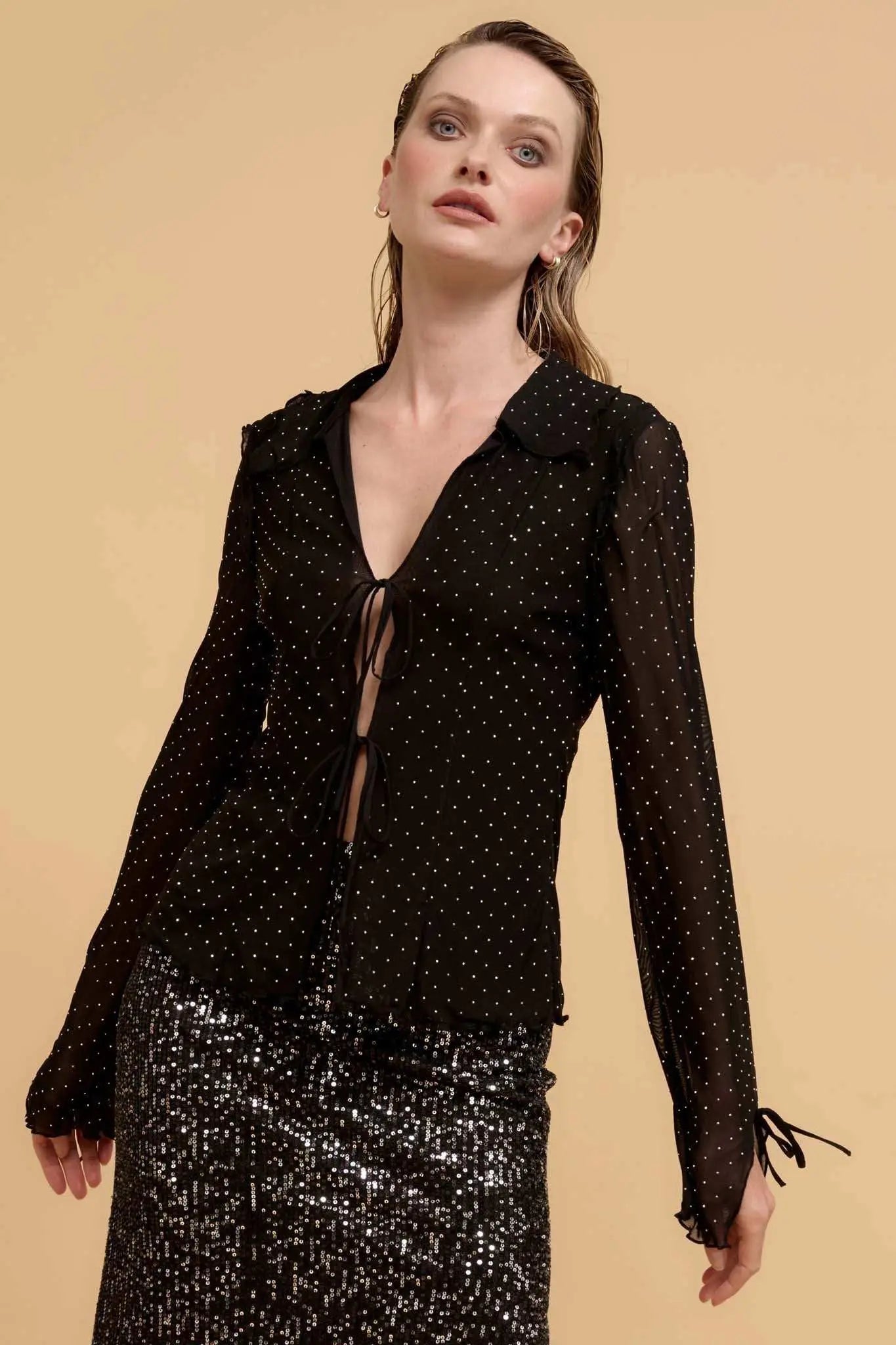 Falling Stars Studded Mesh Tie-Front Top
