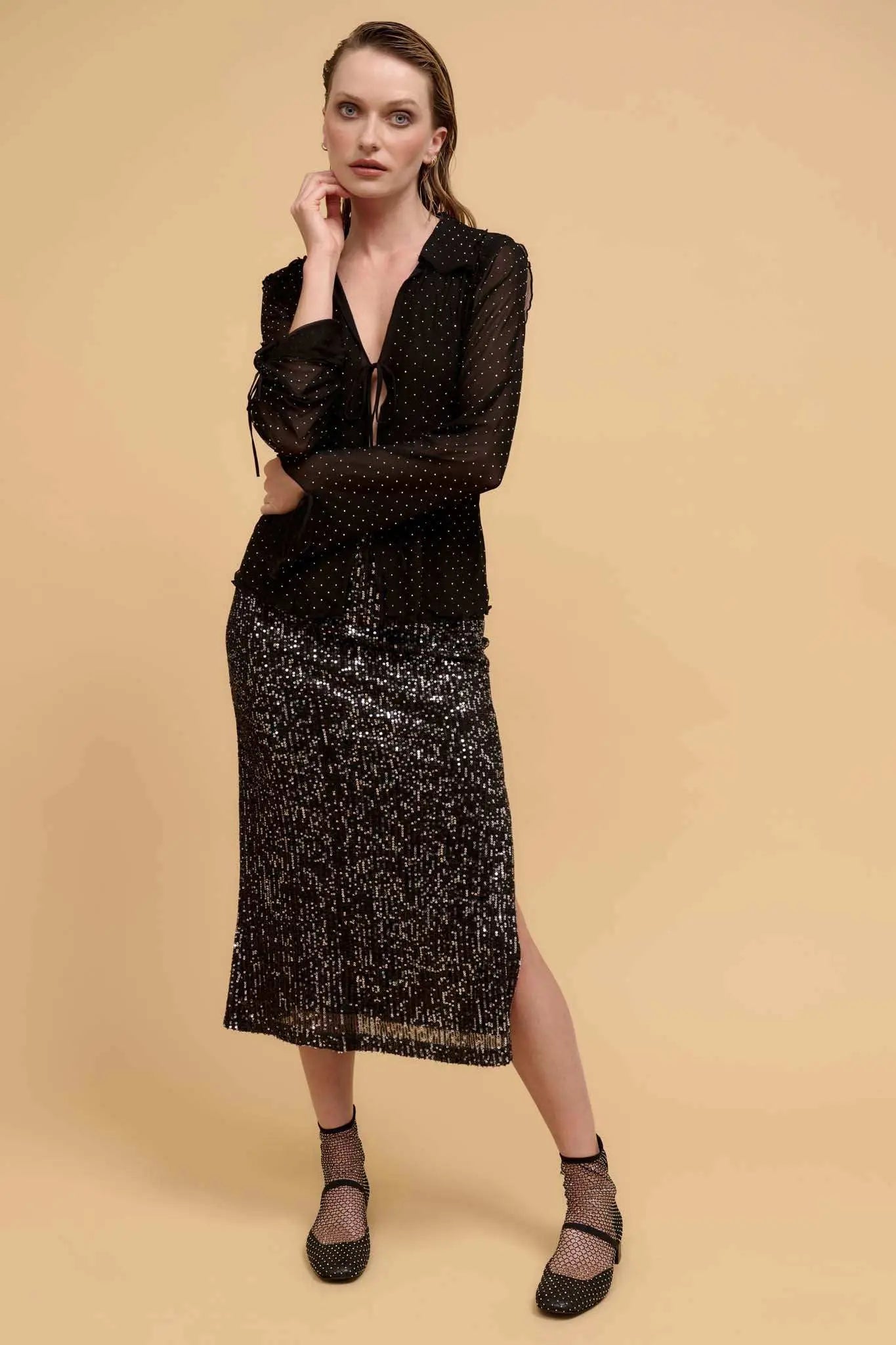 Falling Stars Studded Mesh Tie-Front Top