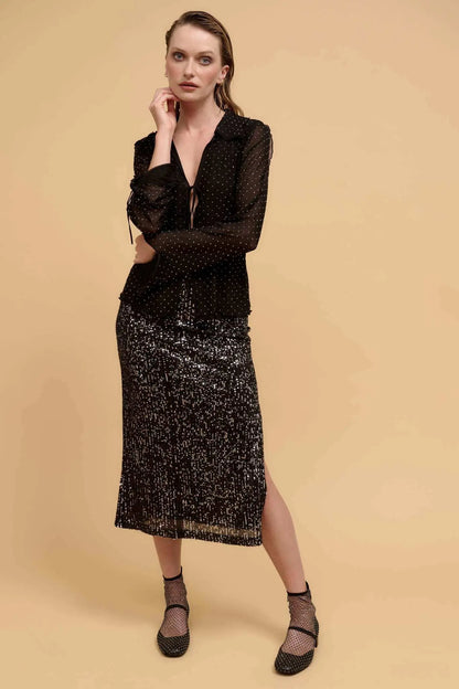 Falling Stars Studded Mesh Tie-Front Top