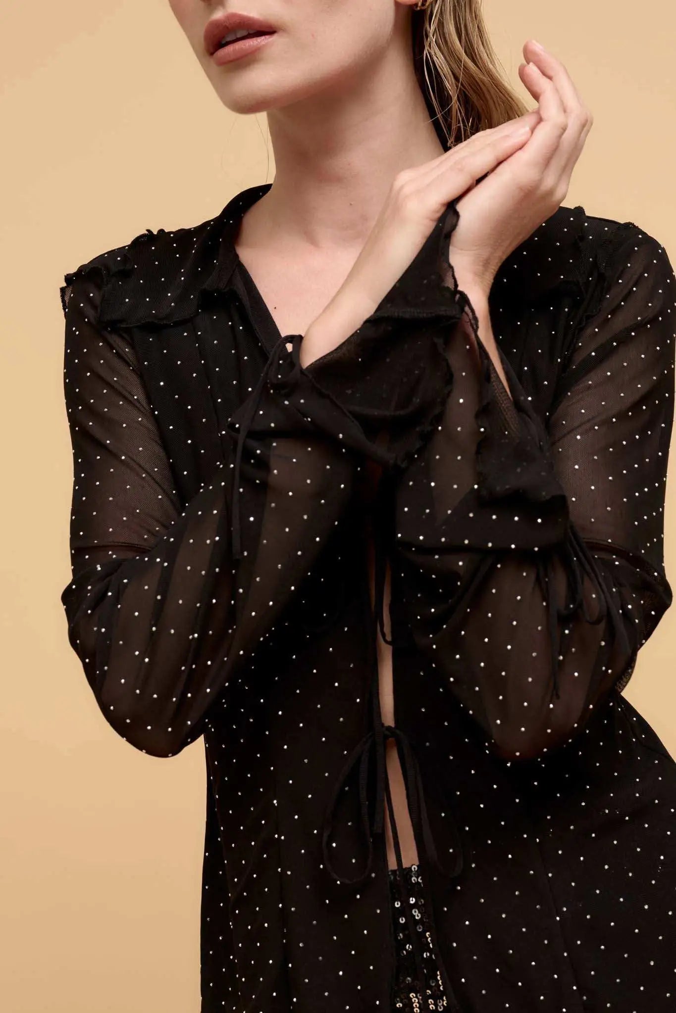 Falling Stars Studded Mesh Tie-Front Top