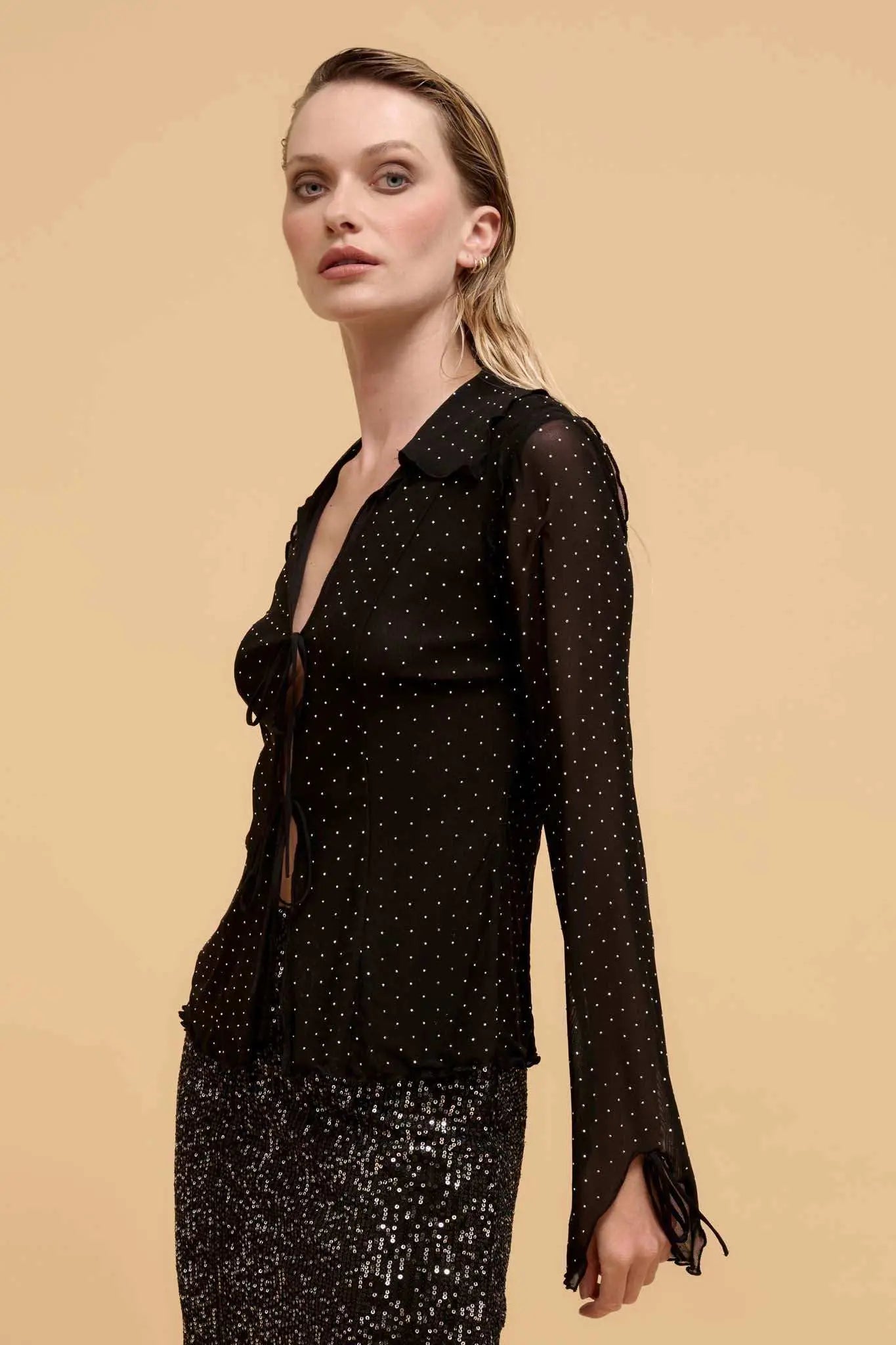 Falling Stars Studded Mesh Tie-Front Top