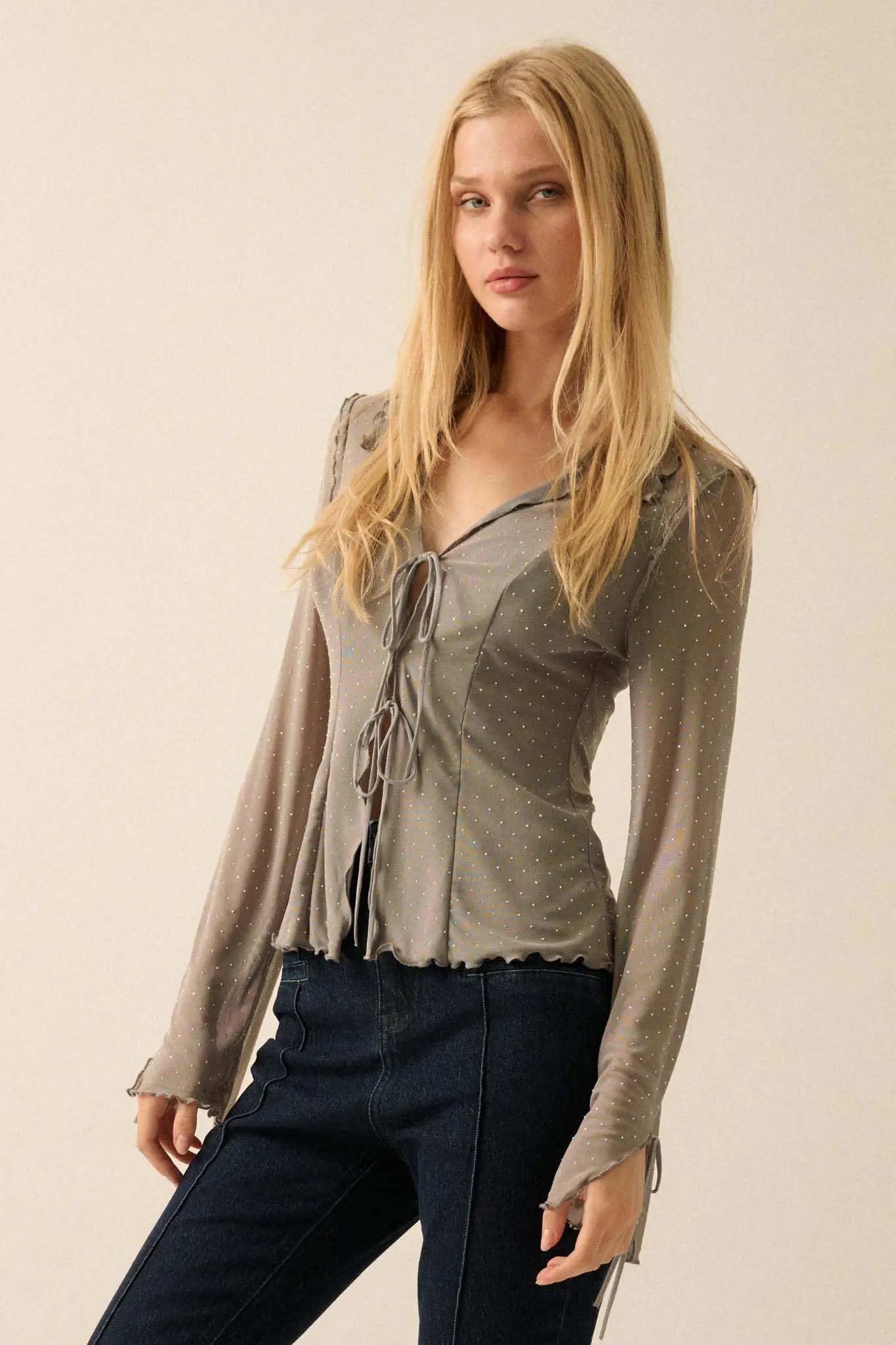 Falling Stars Studded Mesh Tie-Front Top
