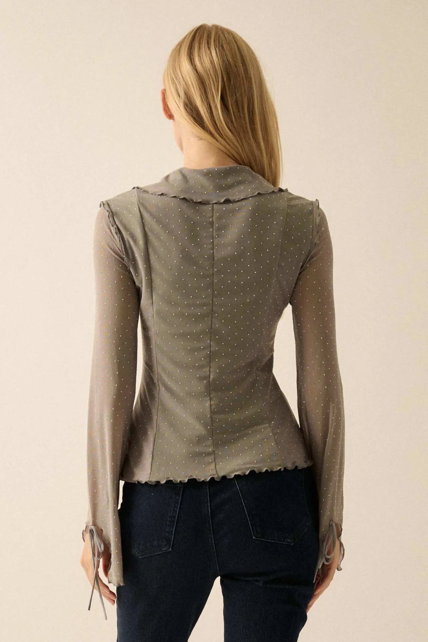 Falling Stars Studded Mesh Tie-Front Top