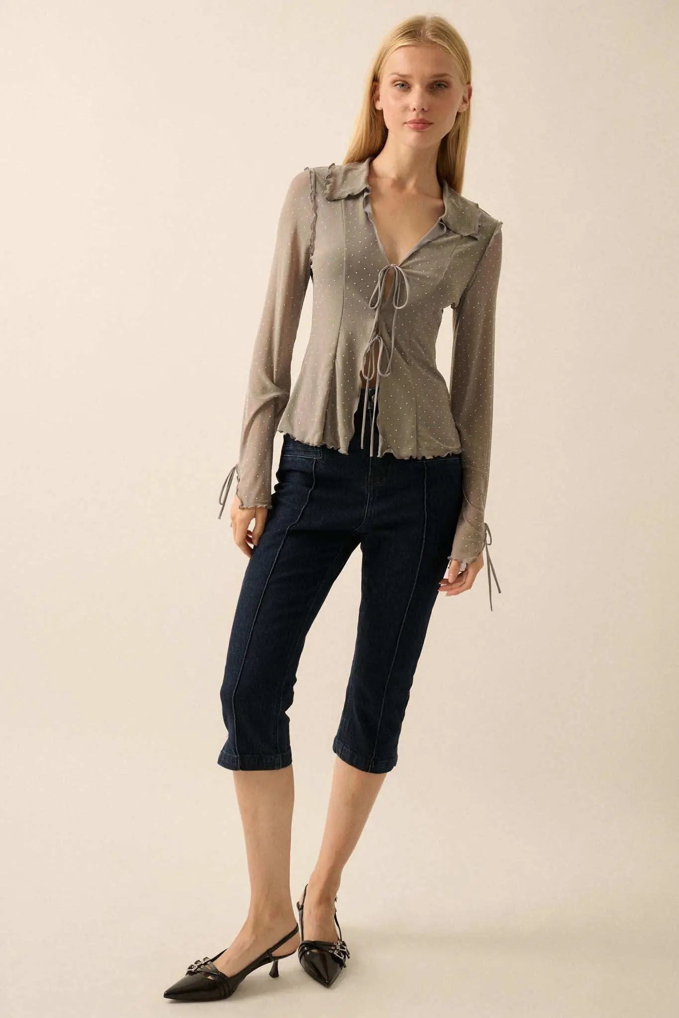 Falling Stars Studded Mesh Tie-Front Top