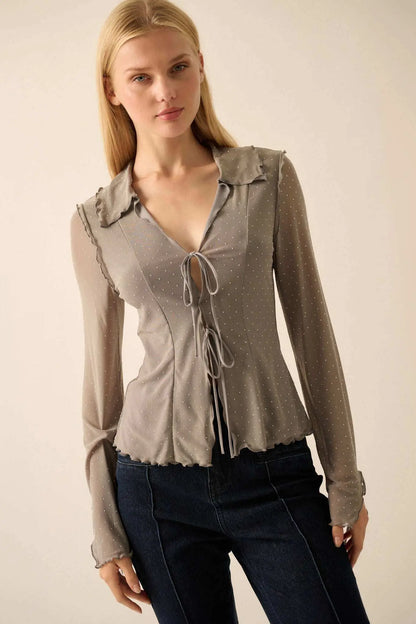 Falling Stars Studded Mesh Tie-Front Top